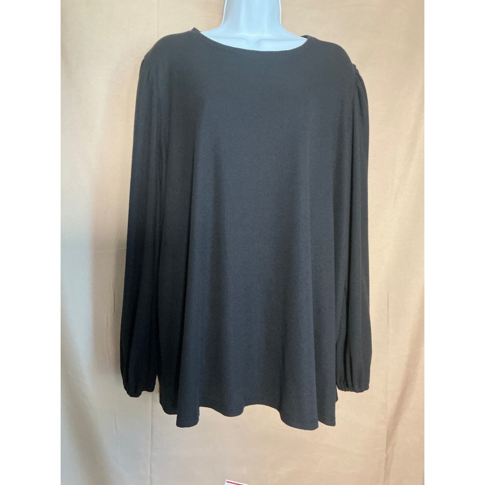 LC Lauren Conrad Ribbed Knit Top Women 3X Black Excellent Puff Sleeve Crew Neck